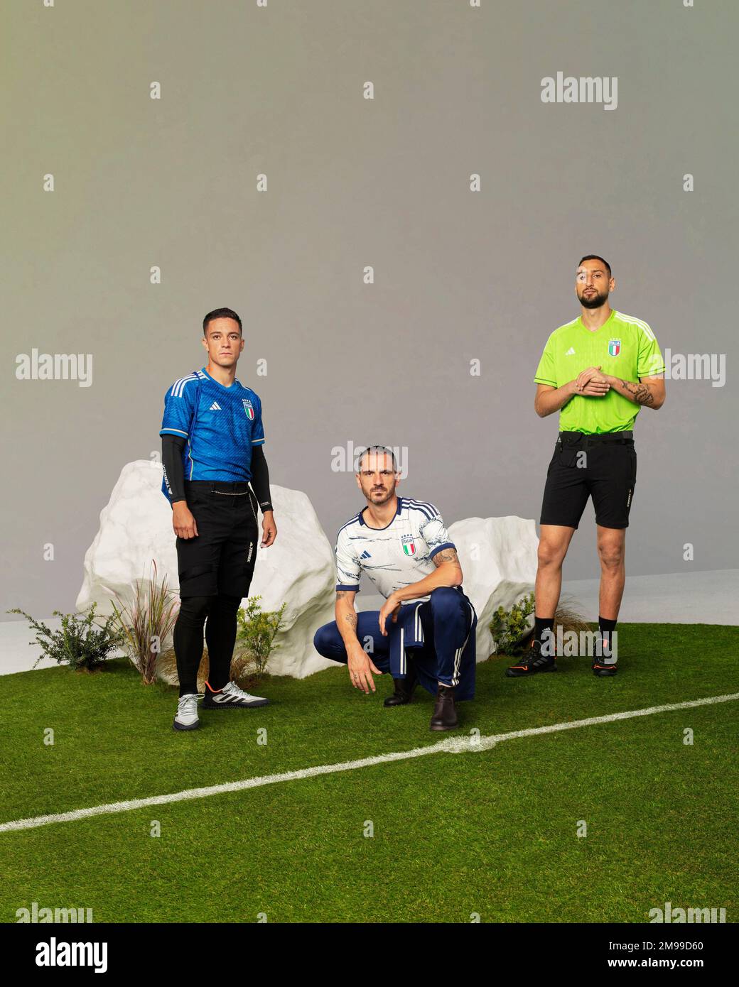 from left: Giacomo RASPADORI (home kit), Leonardo Bonucci (away kit),  Gianluigi DONNARUMMA in the 2023 Adidas away kit for the Italian National  Football teams. Adidas via Fufa61 Stock Photo - Alamy