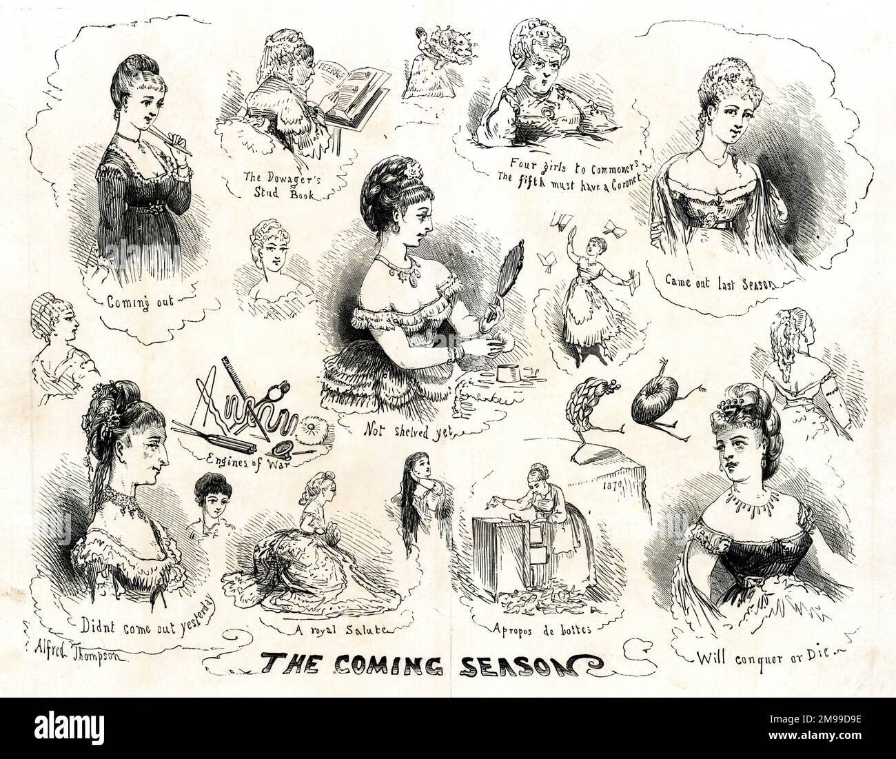 Cartoon, The Coming Season - debutantes getting ready for all the social events. Stock Photo
