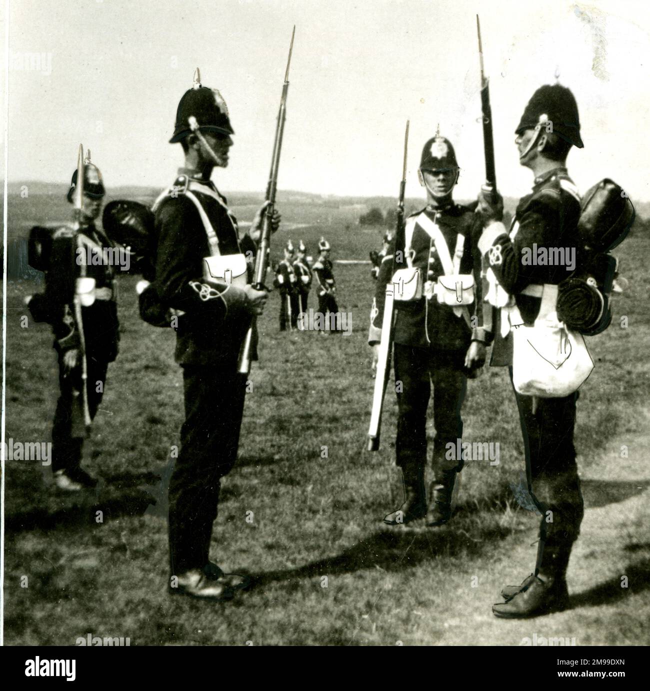 Army volunteers on manoeuvres in full dress uniform on Salisbury Plain, Wiltshire, August 1900. Stock Photo