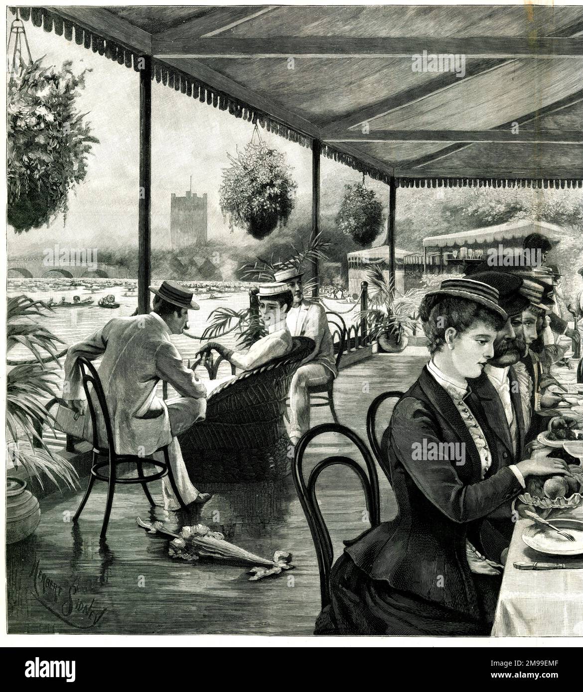 A Luncheon Party on a Houseboat at Henley-on-Thames. Stock Photo