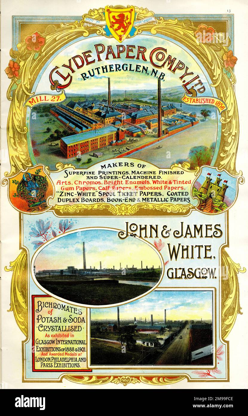 Adverts, Clyde Paper Company Ltd, Rutherglen, and John & James White, Glasgow, Scotland. Stock Photo