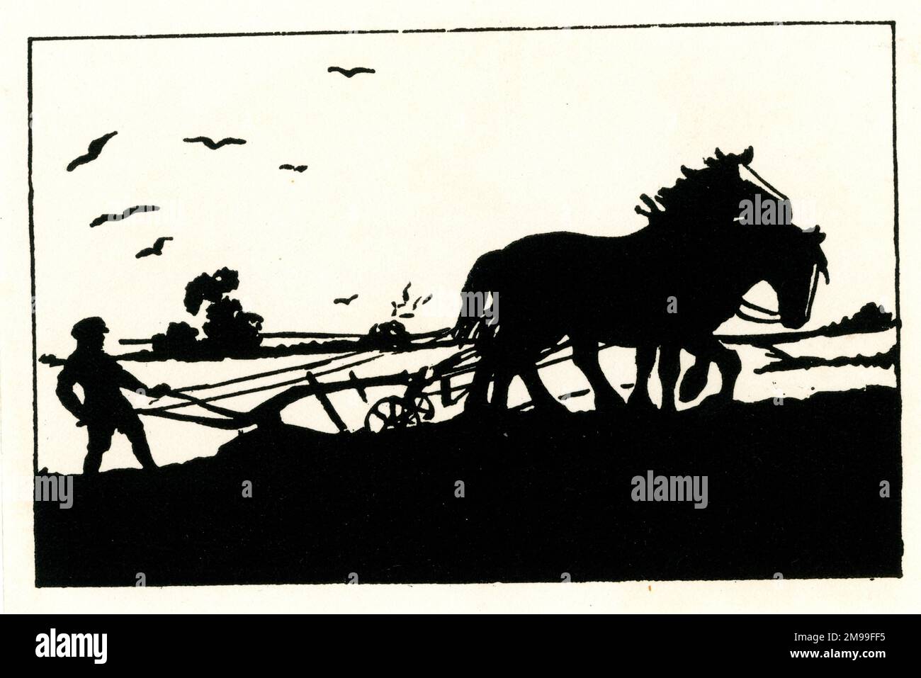 Silhouette, Ploughman with plough and horses Stock Photo Alamy