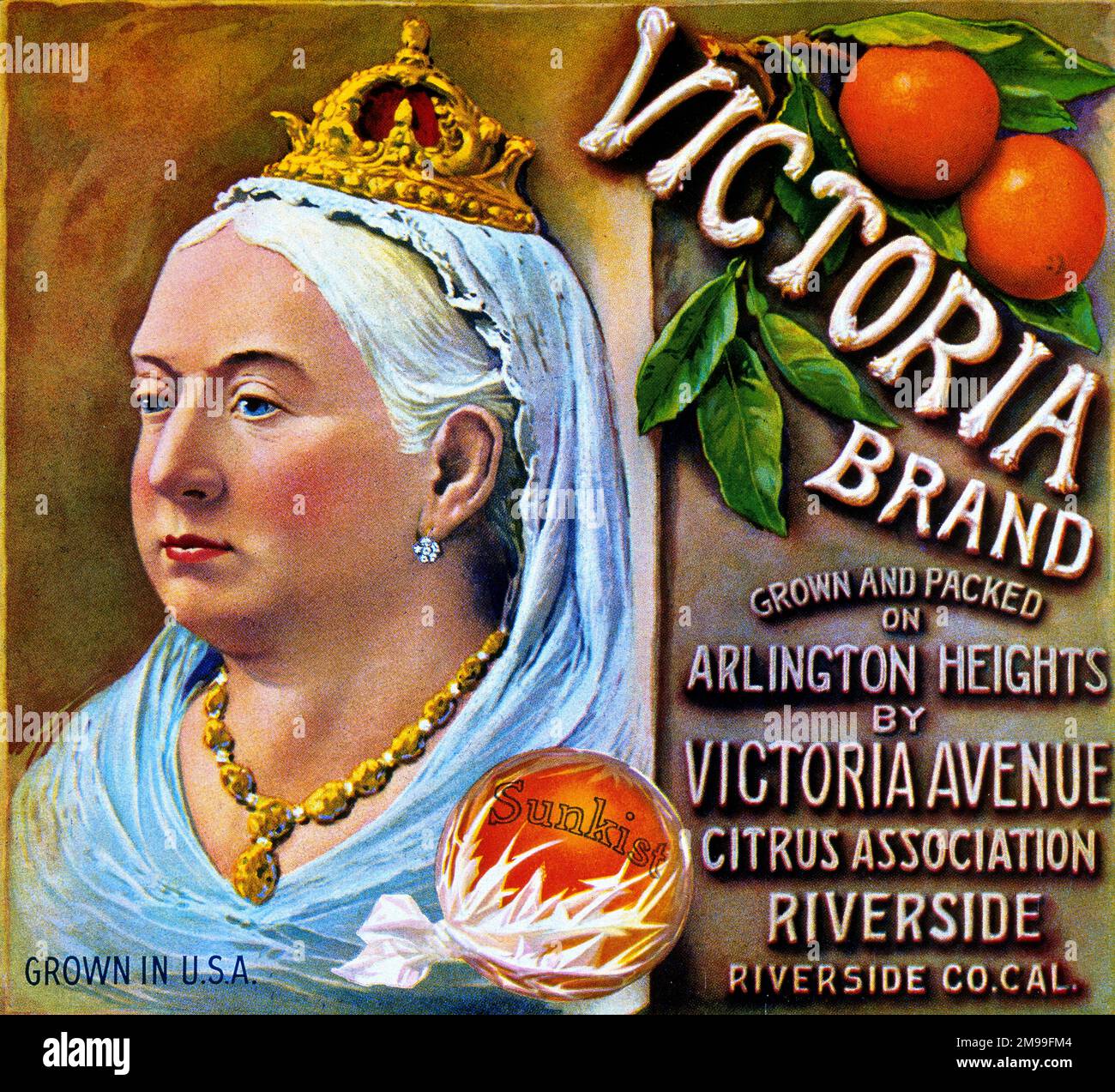 Fruit Box Label, Victoria Brand California Oranges. Stock Photo
