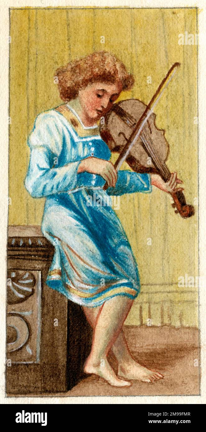 Artwork by Florence Auerbach, boy in a medieval tunic playing a violin. Stock Photo