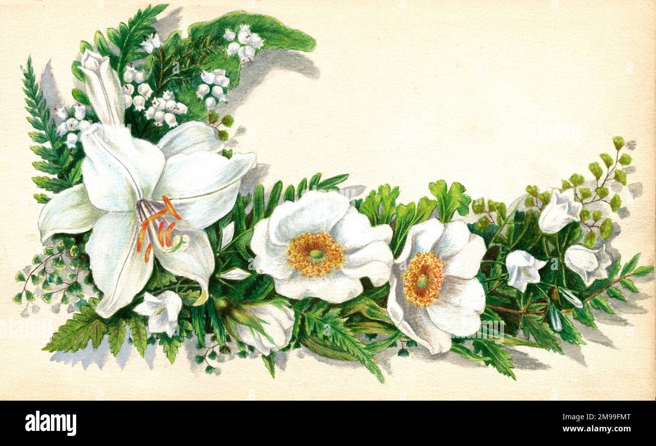 Artwork by Florence Auerbach, arrangement of white flowers (including snowdrops, lily and Christmas roses). Stock Photo