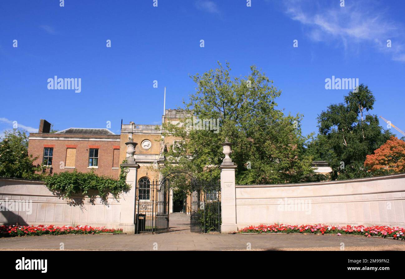 War Memorial (WW1 and WW2), integrated with the front wall of Pitzhanger Manor, Ealing, West London. The Memorial includes the names of Albert Auerbach MC (1894-1918) and W H A (William) Auerbach, his uncle, who both died during the First World War. Stock Photo