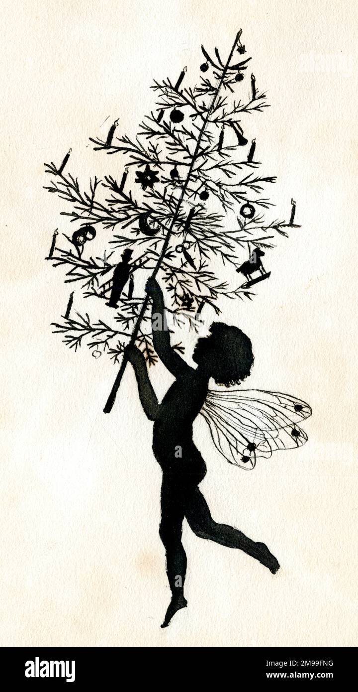 Artwork by Florence Auerbach, silhouette of a fairy holding a Christmas tree. Stock Photo