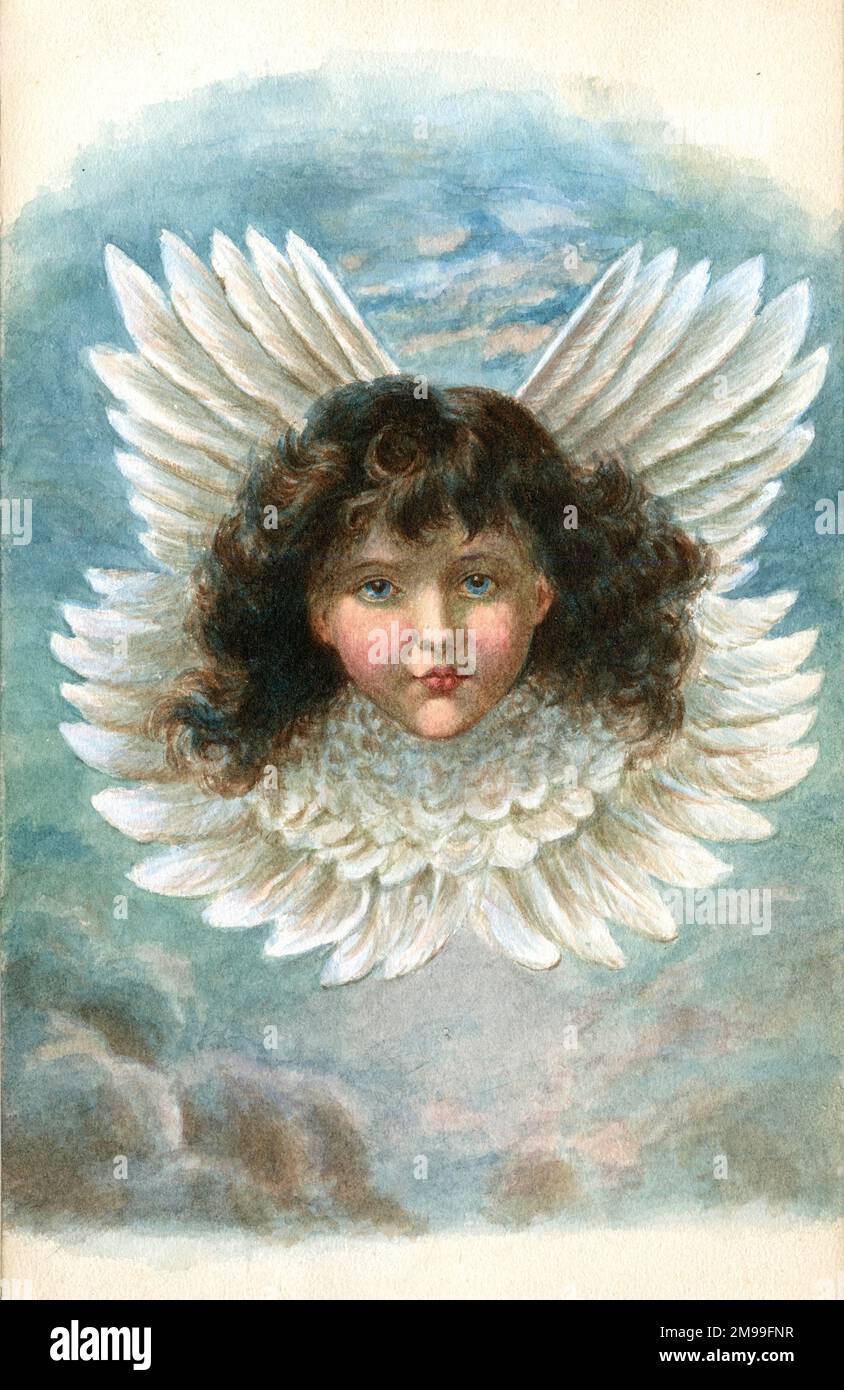 Artwork by Florence Auerbach, cherub head with wings. Stock Photo
