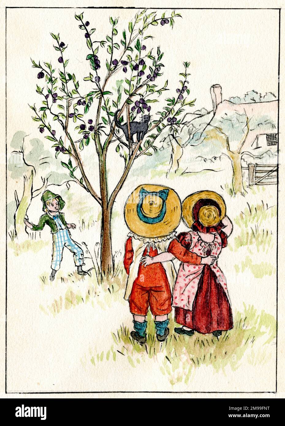 Artwork by Florence Auerbach, children in a garden, with a cat in a tree. Stock Photo