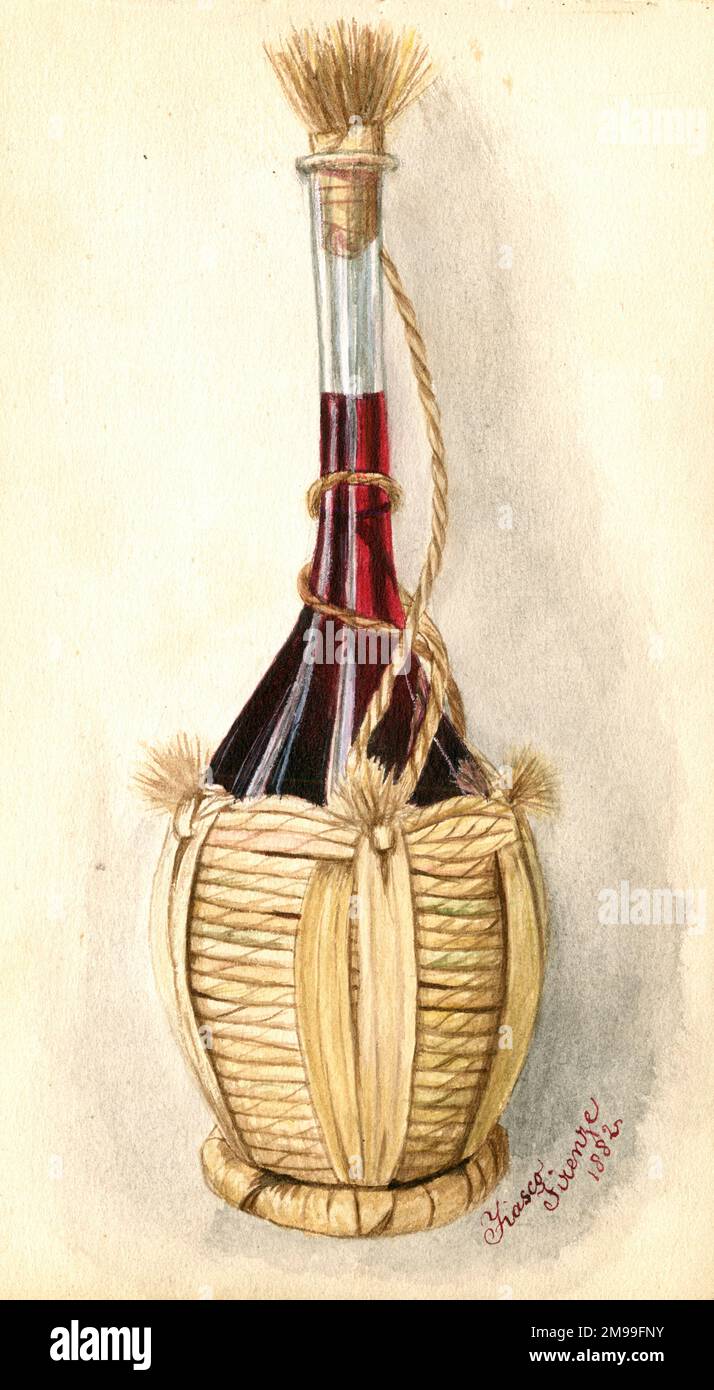 Artwork by Florence Auerbach, flask of red wine, dated Florence, 1882. Stock Photo