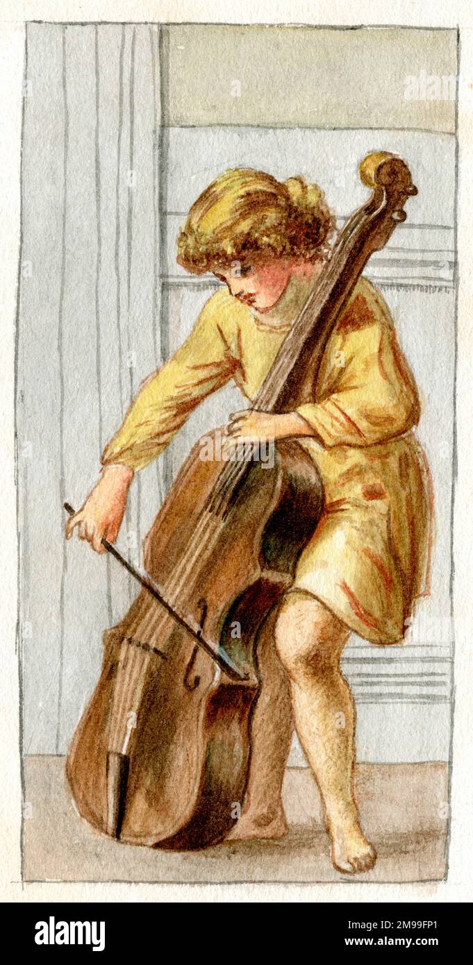 Artwork by Florence Auerbach, boy in a medieval tunic playing a cello. Stock Photo