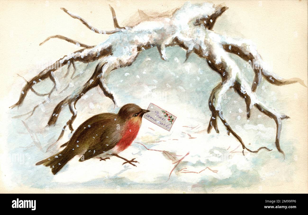 Artwork by Florence Auerbach, robin in the snow with a note, Please come early. Stock Photo