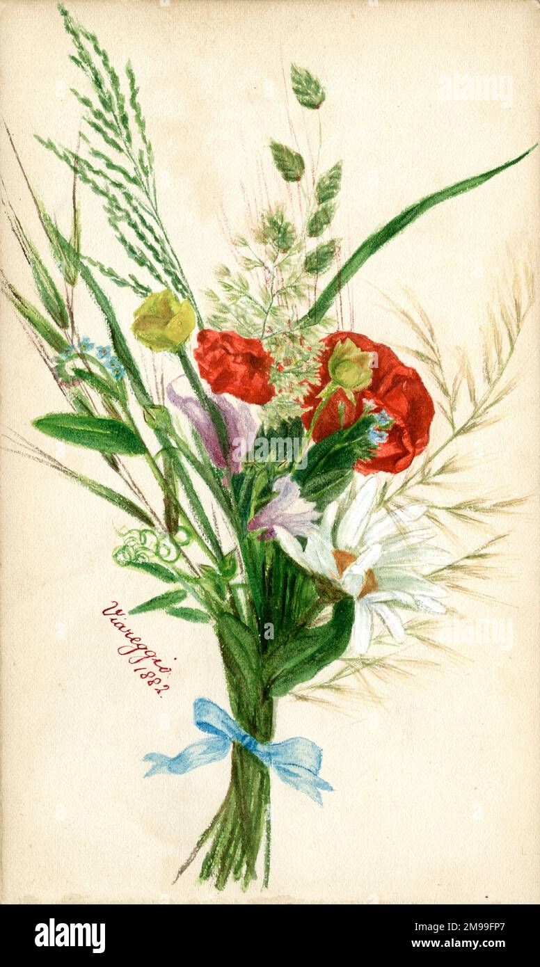 Artwork by Florence Auerbach, bunch of assorted flowers, dated Viareggio, 1882. Stock Photo