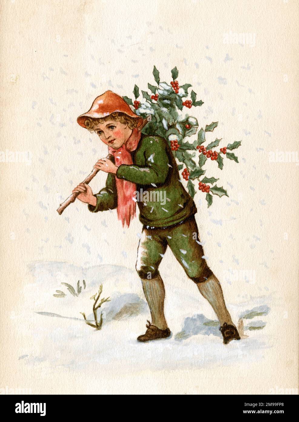 Artwork by Florence Auerbach, boy in the snow, carrying a branch of holly. Stock Photo