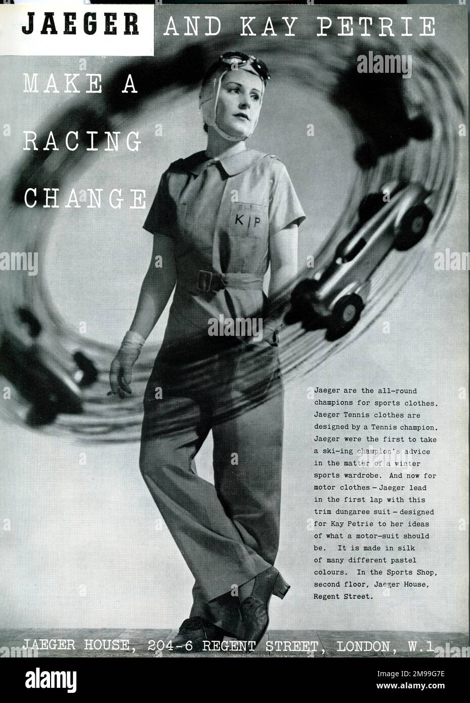Advert for Jaeger, Regent Street, London -- Kay Petrie, Motor Racing Driver. Stock Photo
