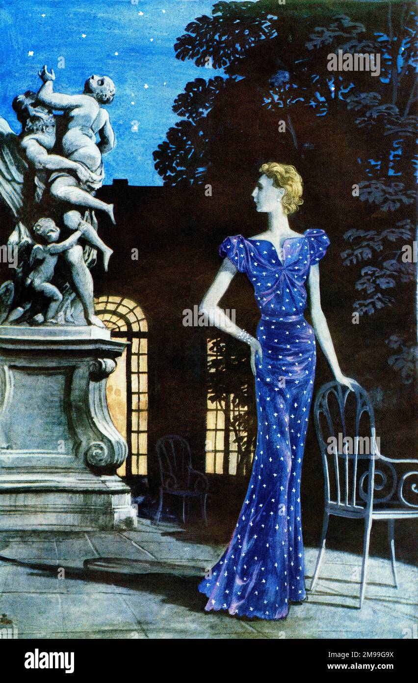 Fashion design by Eva Lutyens. Taffeta, deep blue shot with wine red, with white four-leaved clovers. Folded at the sleeves and scalloped at the hem. Stock Photo