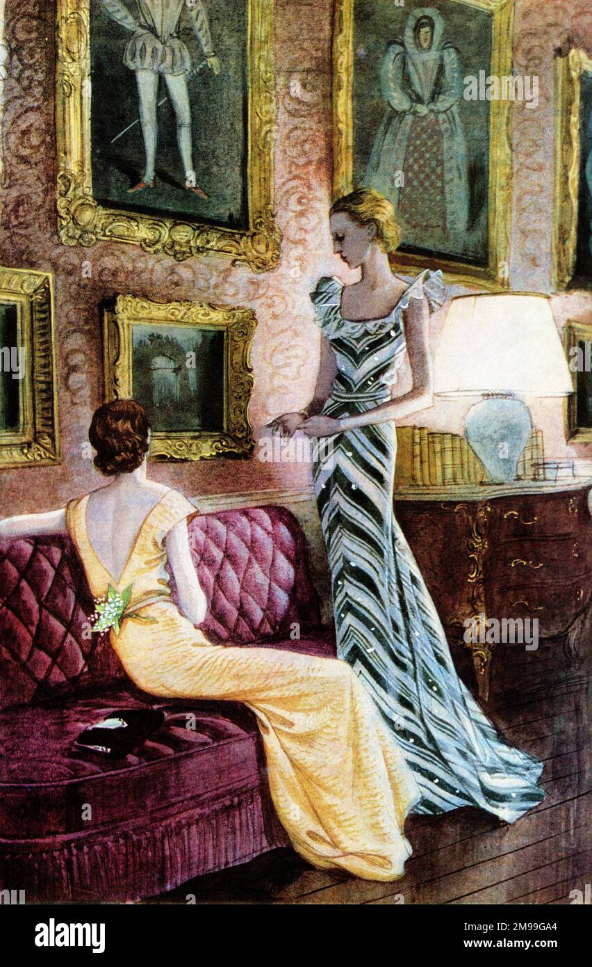 Fashion design by Eva Lutyens. Evening gown in pale maize yellow cloque silk with deep back decolletage; taffeta gown with grey stripes and silver stars. Stock Photo