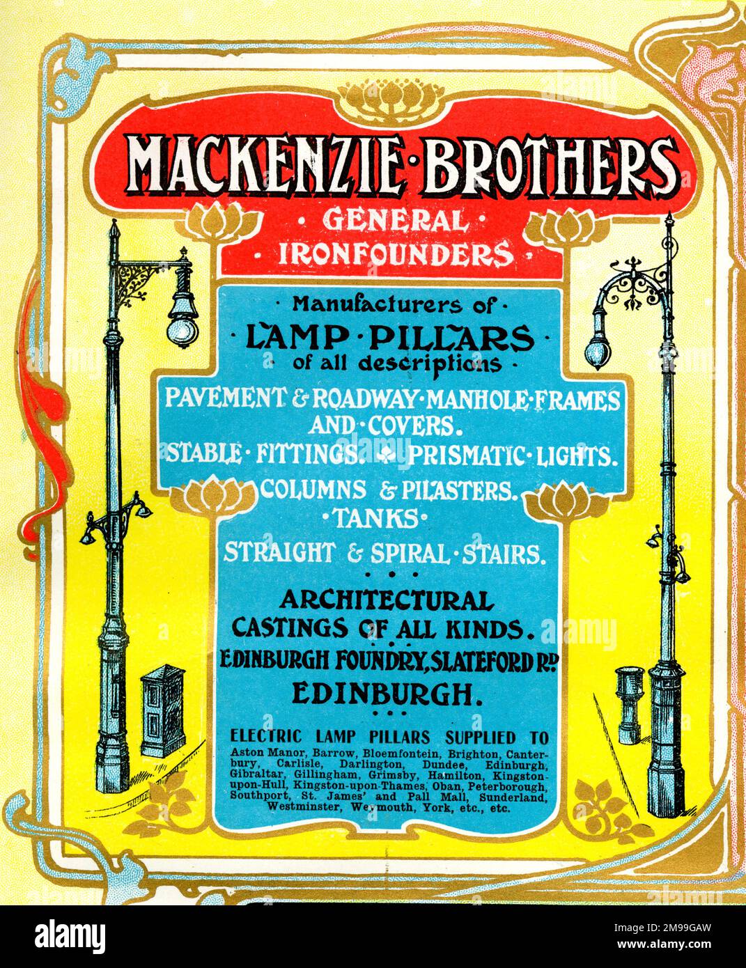Advert for Mackenzie Brothers, General Ironfounders, Slateford Road, Edinburgh, Scotland. Stock Photo