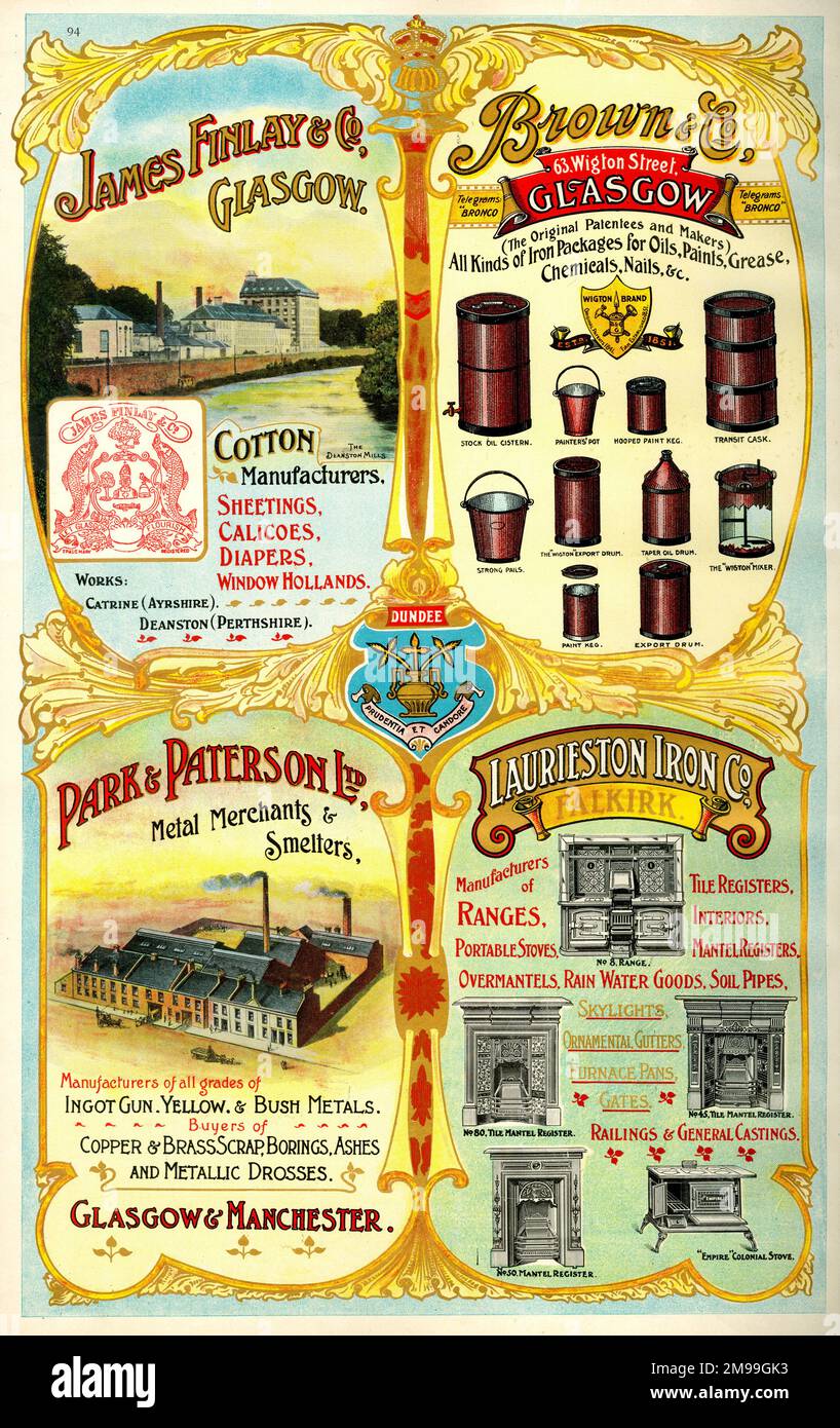 Adverts for James Finlay & Co, Brown & Co, Park & Paterson Ltd, and Laurieston Iron Co, Scotland. Stock Photo