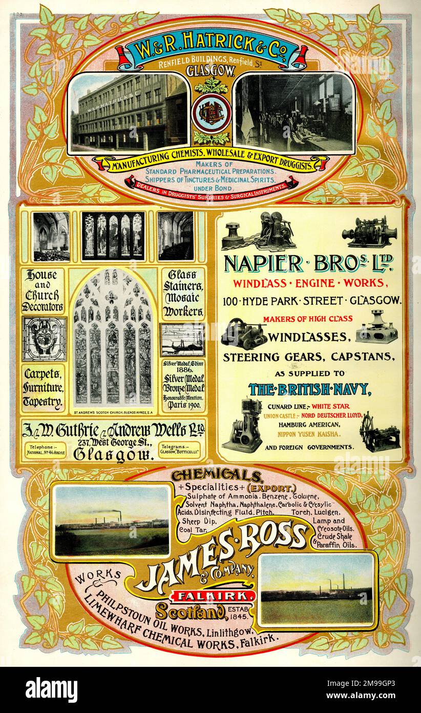 Adverts, W & R Hatrick & Co, J & W Guthrie & Andrew Wells Ltd, Napier Bros Ltd, and James Ross & Company, Scotland. Stock Photo