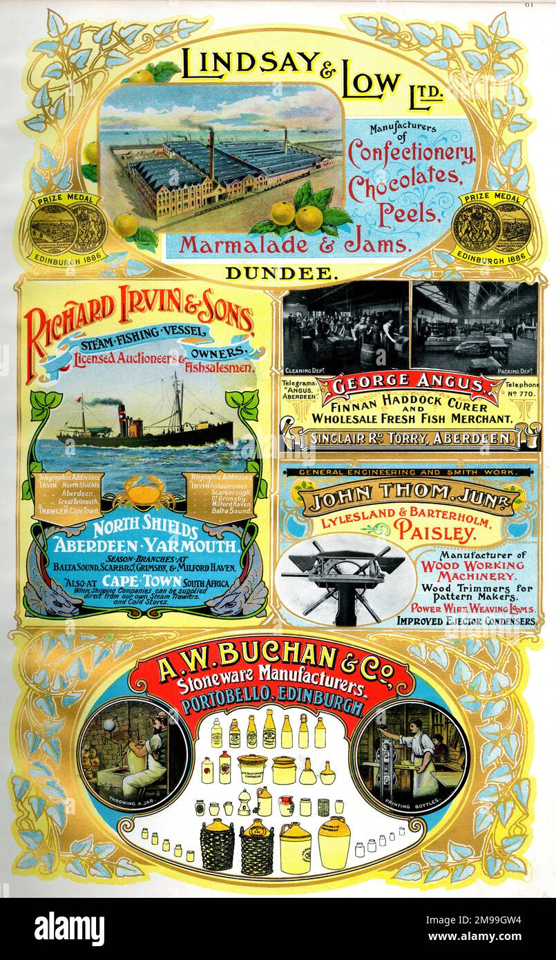 Adverts for Lindsay & Low Ltd, Confectioners, Dundee, Richard Irvin & Sons, Steam Fishing Vessel Owners, Aberdeen, George Angus, Fish Merchant, Aberdeen, John Thom Junior, Manufacturer, Paisley, and A W Buchan & Co, Stoneware Manufacturers, Portobello, Edinburgh, Scotland. Stock Photo