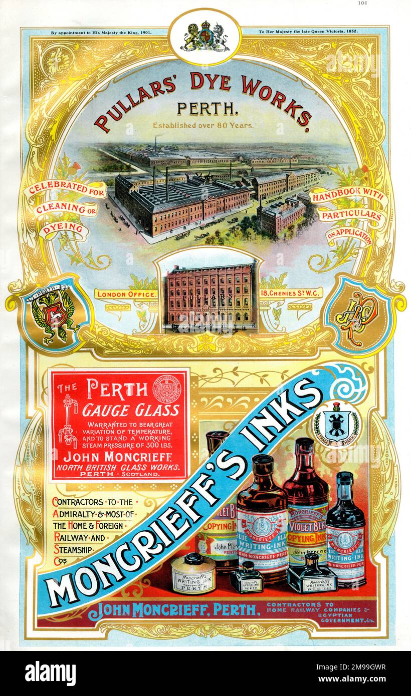 Adverts for Pullars' Dye Works, Perth, and Moncrieff's Inks, Perth, Scotland. Stock Photo