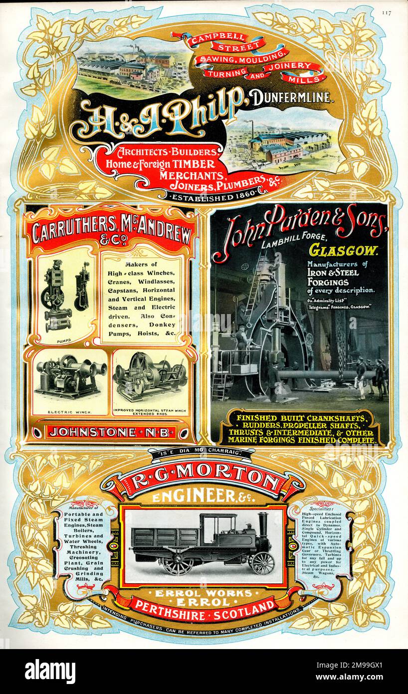 Adverts for H & J Philp, Dunfermline, Carruthers, McAndrew & Co, Johnstone, John Purden & Sons, Lambhill Forge, Glasgow, and R G Morton, Errol, Scotland. Stock Photo