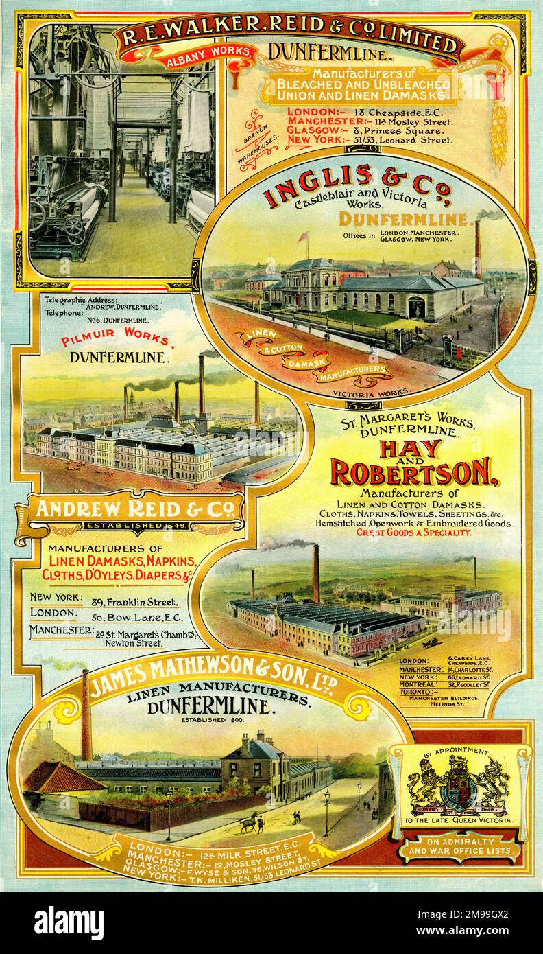 Adverts for R E Walker, Reid & Co Limited, Albany Works, Dunfermline, Inglis & Co, textile manufacturers, Dunfermline, Andrew Reid & Co, Pilmuir Works, Dunfermline, Hay and Robertson, textile manufacturers, Dunfermline, and James Matthewson & Son Ltd, linen manufacturers, Dunfermline, Scotland. Stock Photo
