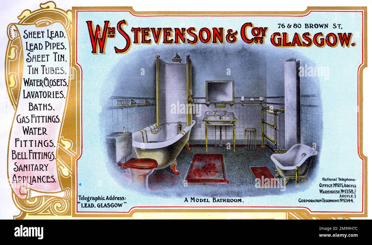 Advert for William Stevenson & Co, bathroom fittings, Brown Street, Glasgow, Scotland. Stock Photo