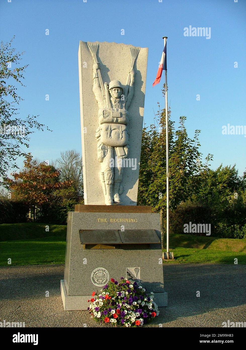 The figure stands in a Memorial Park unveiled by the Mayor on 23 July 2002. The structure is titled 'The  Beginning' and lists the medals and decorations awarded to members throughout the campaigns in Europe. Stock Photo
