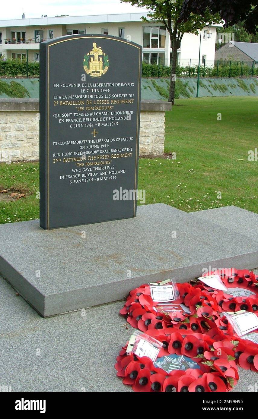 The Memorial is in the grounds of the Bayeux Memorial Museum and was unveiled on 7 June 2002. It was designed  and carved by David Dewey. It commemorates the men of the Pompadours who were killed throughout the war. The Regiment fought from Bayeux then north to Holland. Stock Photo