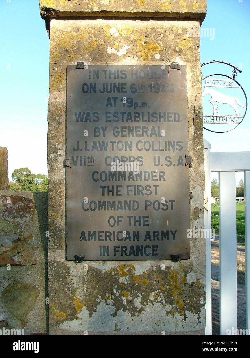 An Advance HQ was set up here by General Eugene Landrum on D Day for V11 Corps. Plaques on the gatepost  claim that General Collins established  'The first Command Post of the American Army in France.' there. General Collins did not come ashore until the following day. Stock Photo