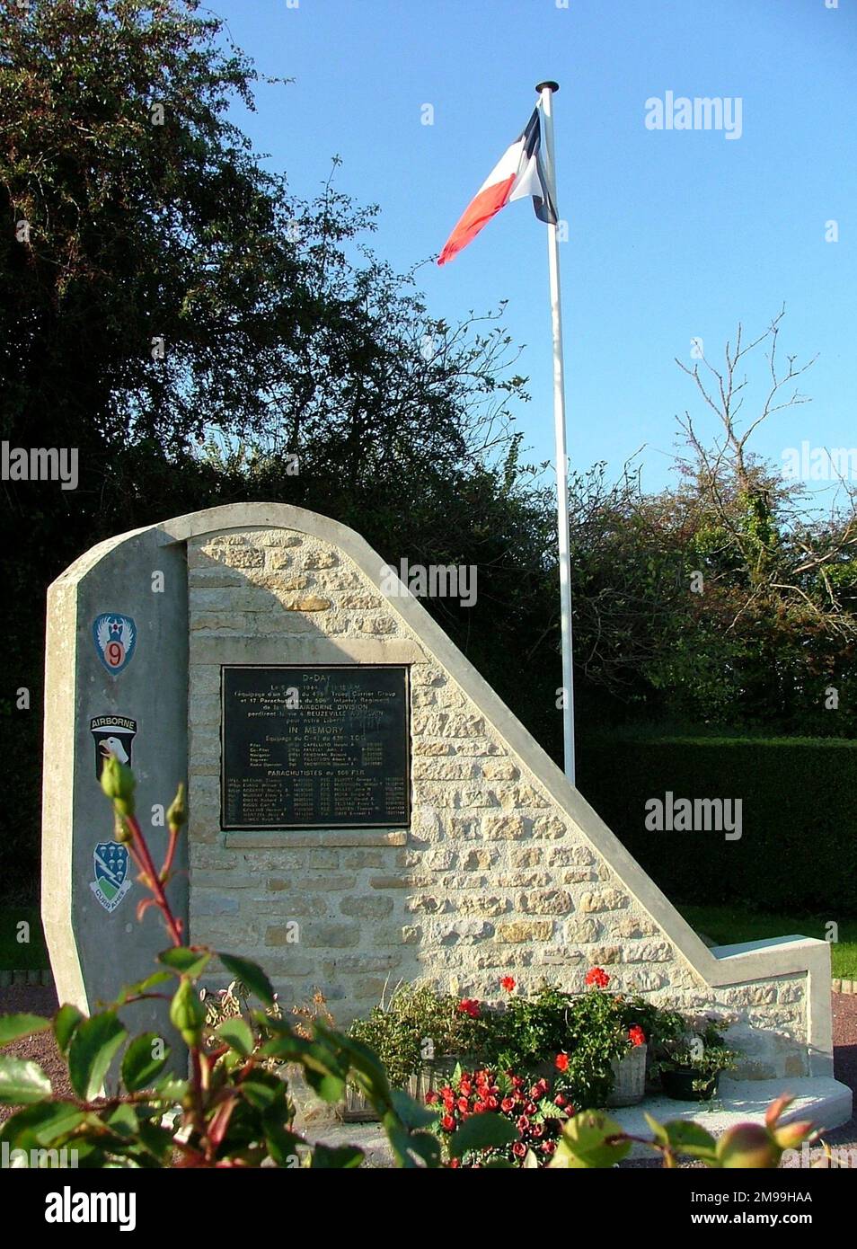 The C47, was No 66, and the lead plane of its formation.  In it was Lt T Meehan Commanding 'E'Company of 506 PIR. The story of Easy Company is told in Spielbergs 'Band of  Brothers'. Here everyone was killed. Seventeen named men of 'Easy' Company are named on the Memorial. Stock Photo