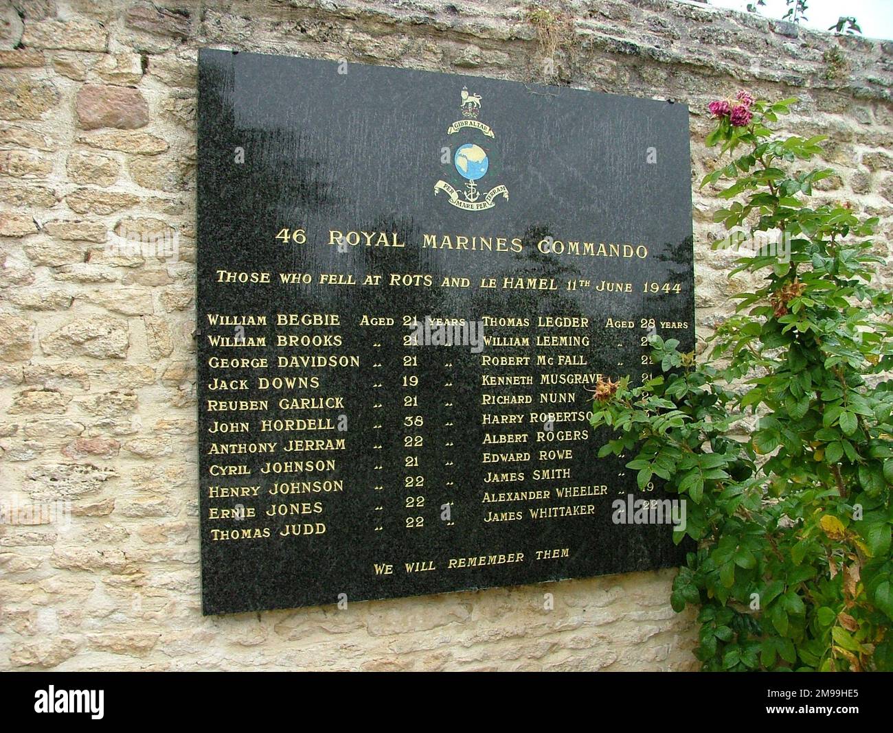 Unusually this black marble memorial list the ages of the fallen. It commemorates the fighting in Rots and le  Hamel of 11 June 1944. The 46th was part of 4 Special Services Brigade headquarted at Sallenelles. Stock Photo