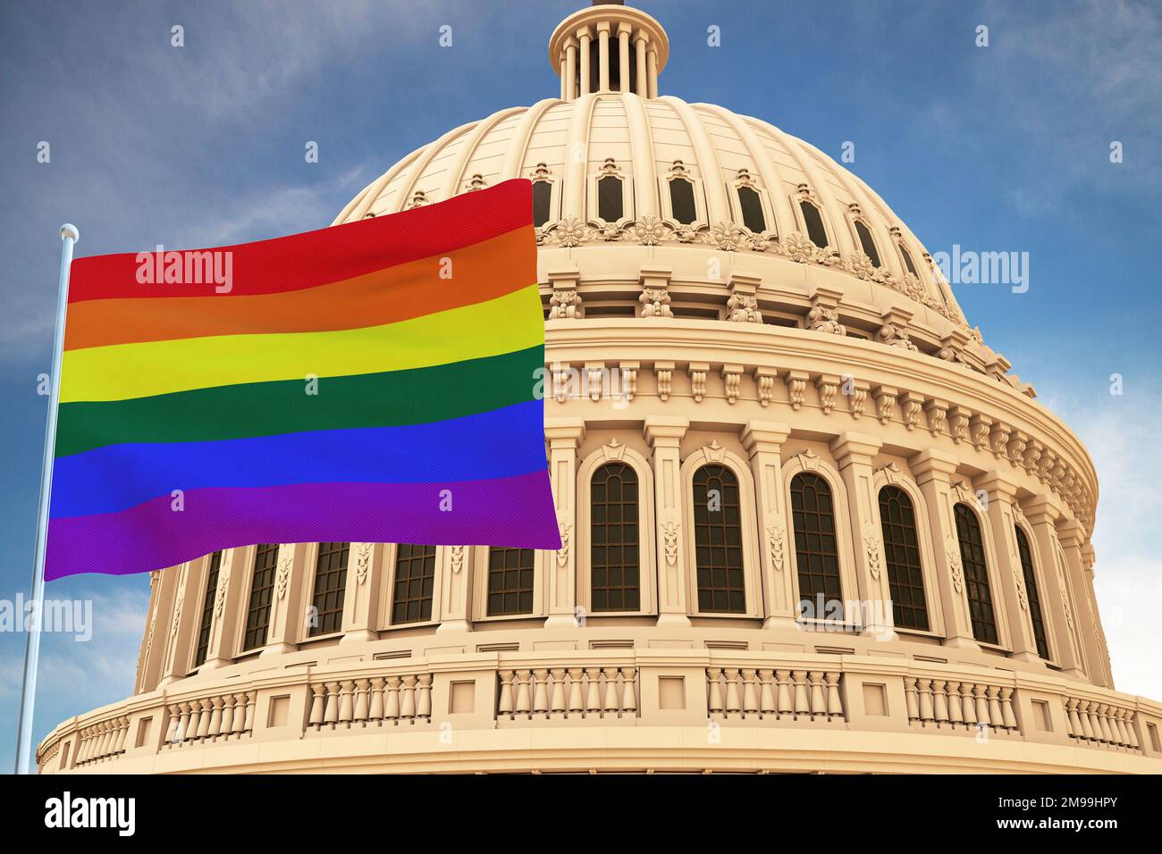 Beautiful flag of LGBT pride waving with the strong wind and behind it the dome of the Capitol USA 3D RENDER, 3D RENDERING LGBTQ, gay pride, LGBTQ+ . Stock Photo