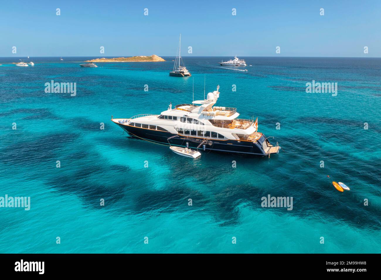 Aerial view of luxury yacht on blue sea at sunny day in summer Stock ...