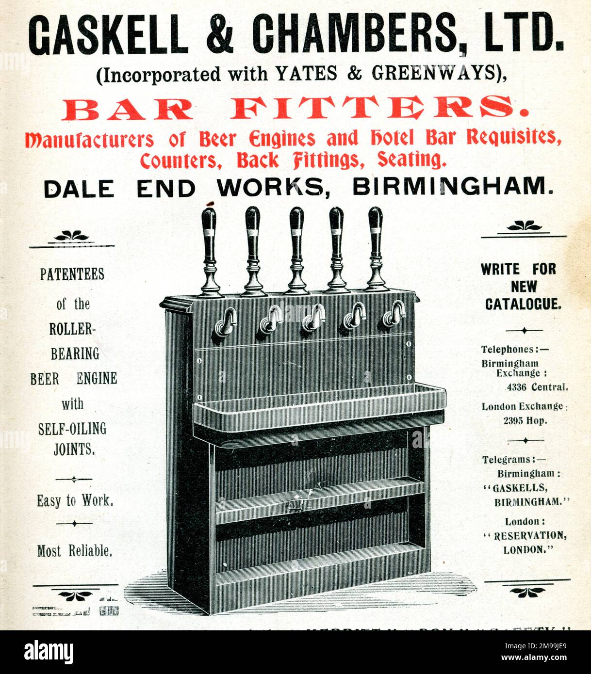 Advert for Gaskell & Chambers Ltd (incorporated with Yates & Greenways), Bar Fitters, Manufacturers of Beer Engines and Hotel Bar Requisites, Counters, Back Fittings, Seating. Dale End Works, Birmingham. Stock Photo