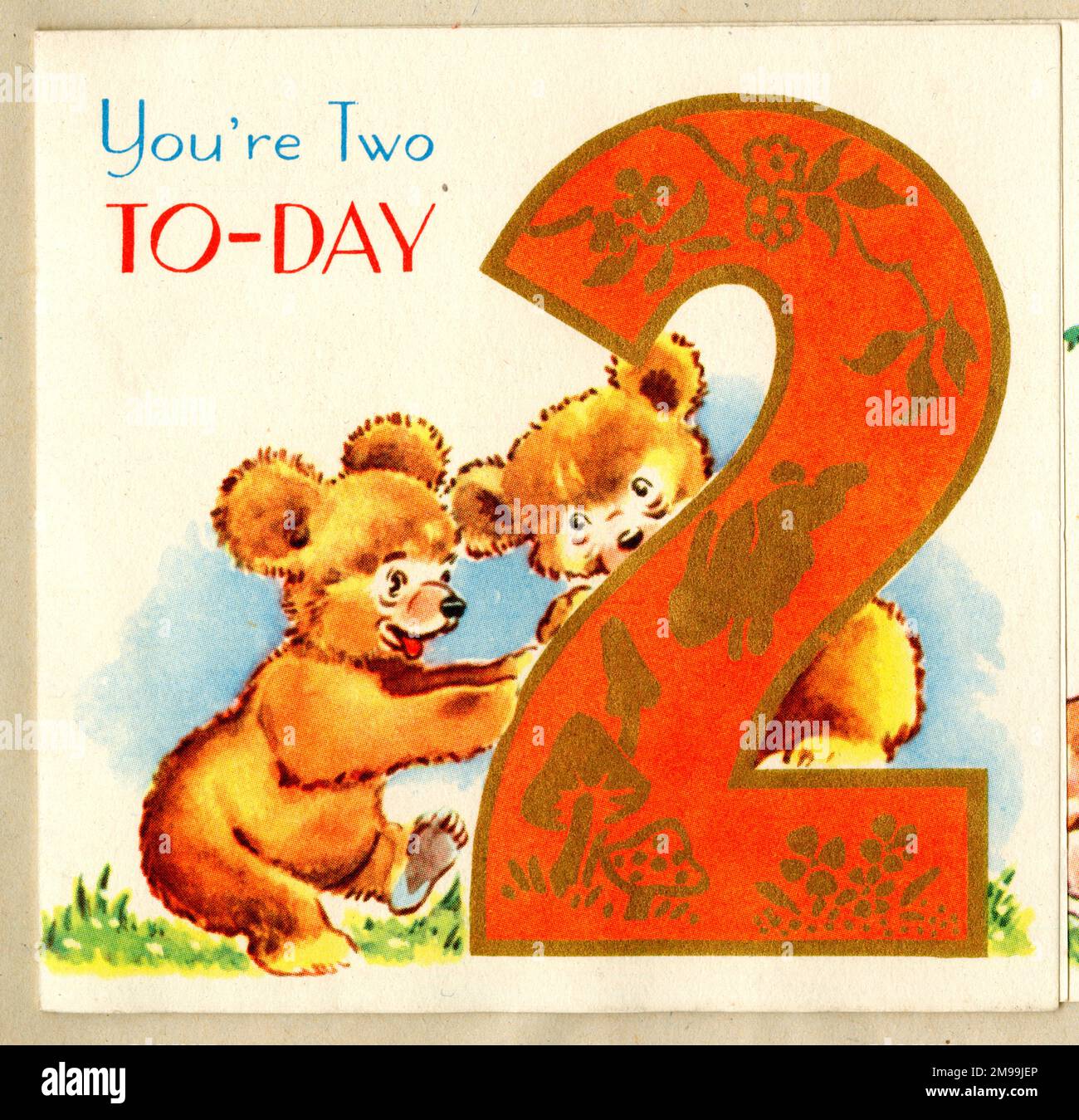 Birthday Card, You're Two Today, Bear Cubs. (front cover, 1 of 2 Stock