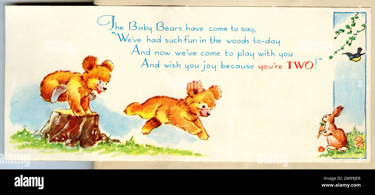 Birthday Card, You're Two Today, Bear Cubs and Rabbit.   (inside, with verse, 2 of 2) Stock Photo