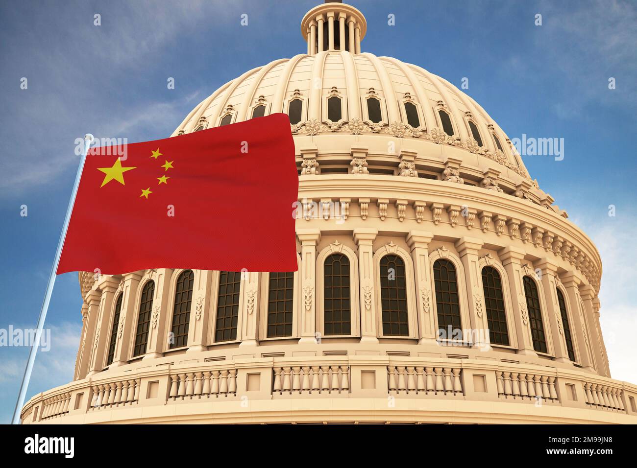 Beautiful flag of China waving with the strong wind and behind it the dome of the Capitol USA 3D RENDER, 3D RENDERING. Stock Photo