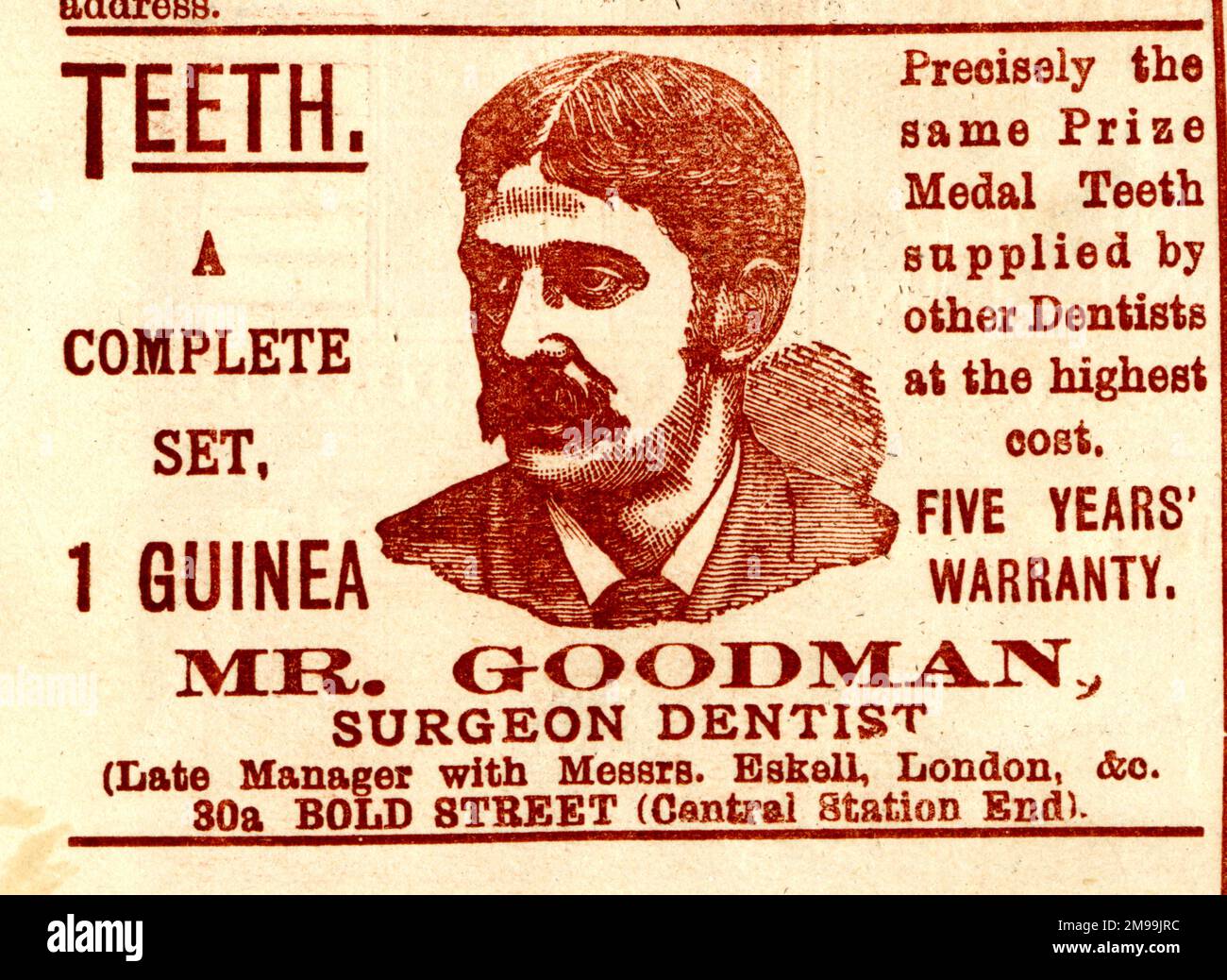 Advert for Mr Goodman, Surgeon Dentist, A Complete Set of Dentures for One Guinea, Bold Street, Liverpool. Stock Photo