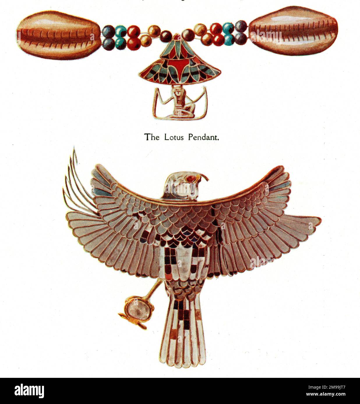 Enamelled Ancient Egyptian Jewellery - Lotus Pendant, Hawk. Stock Photo