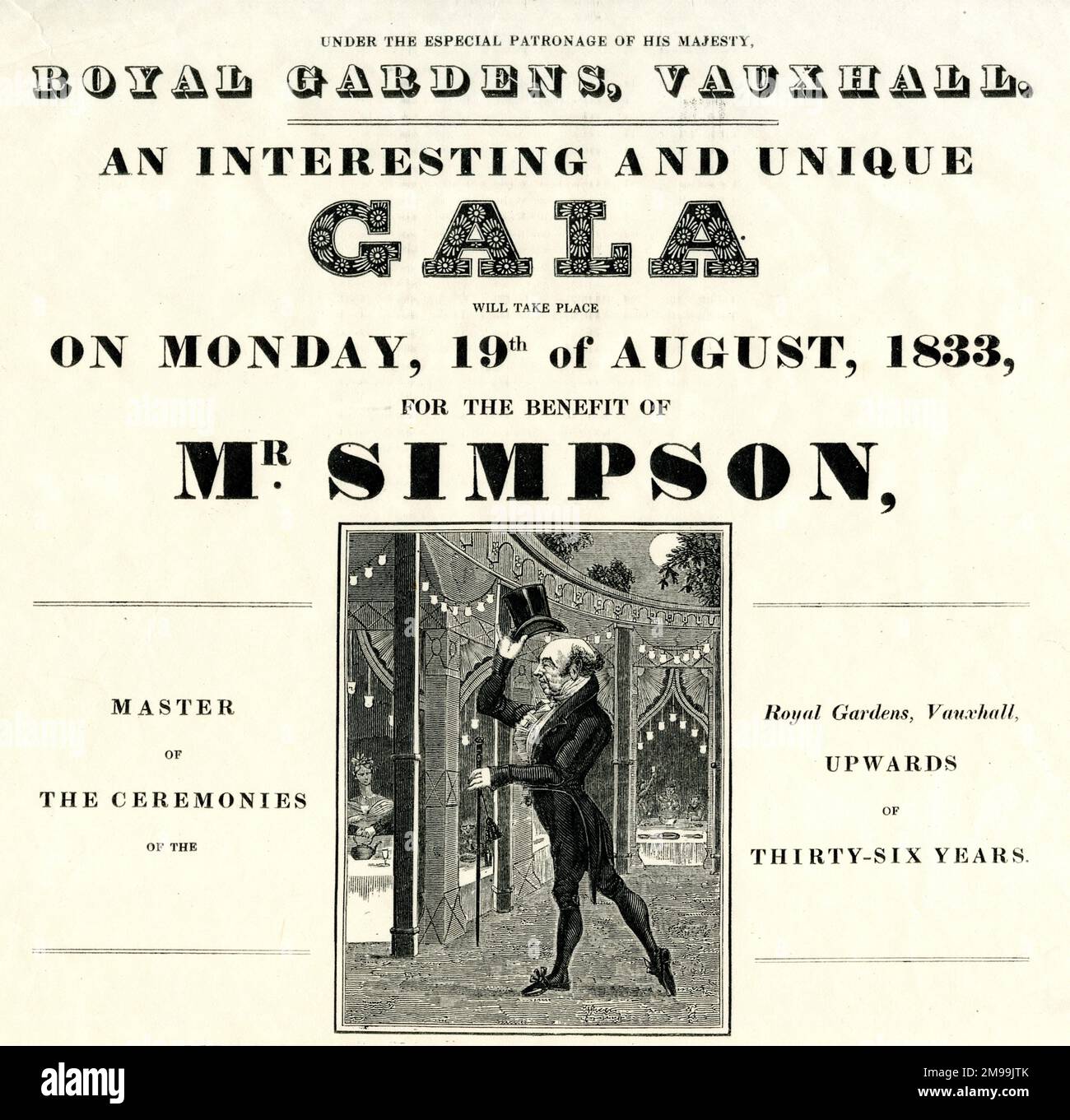 Advert, Gala for the Benefit of Mr Simpson, Master of The Ceremonies of the Royal Gardens, Vauxhall, London, taking place on Monday 19 August 1833. Stock Photo