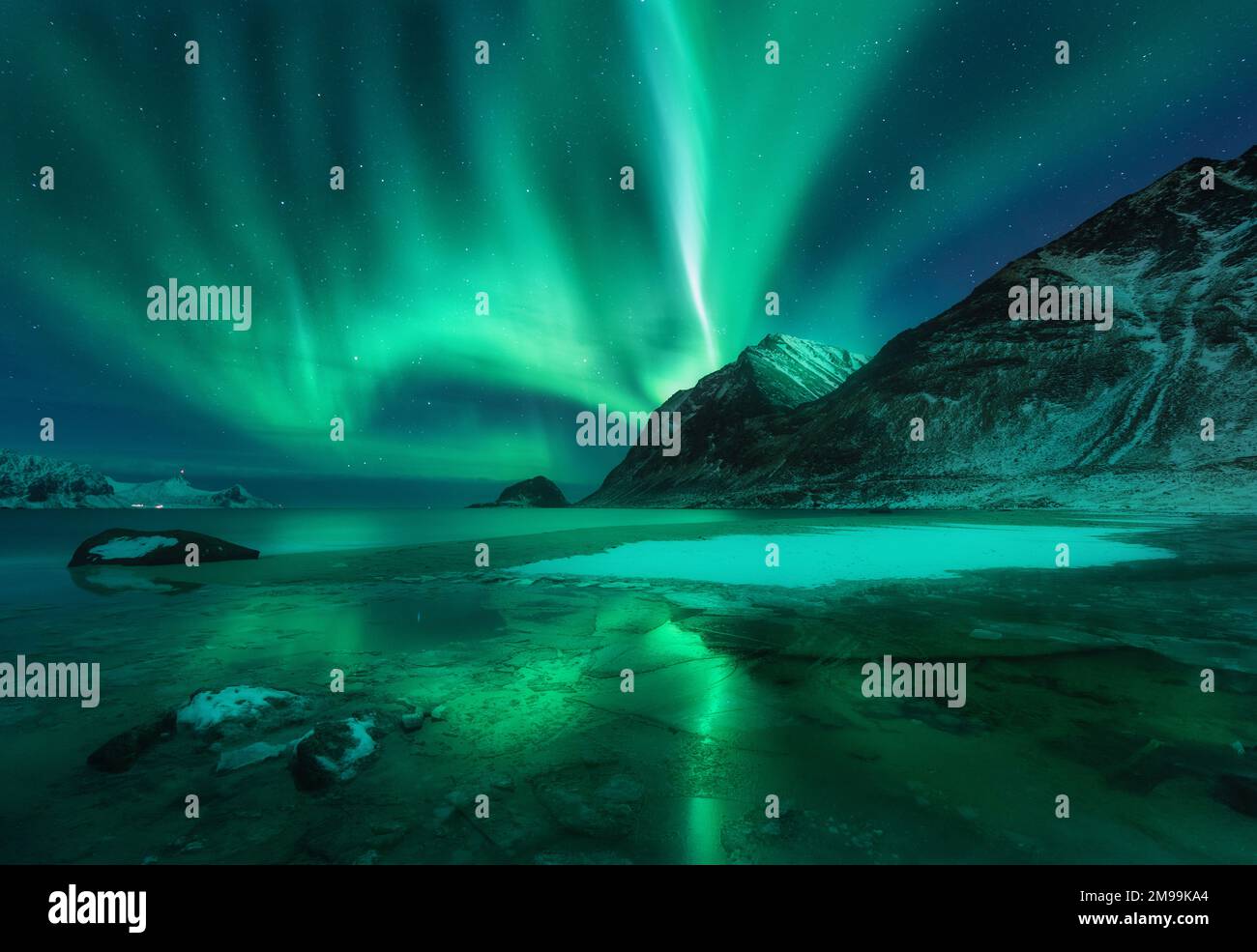 Northern lights above Vik beach at night in Lofoten islands Stock Photo
