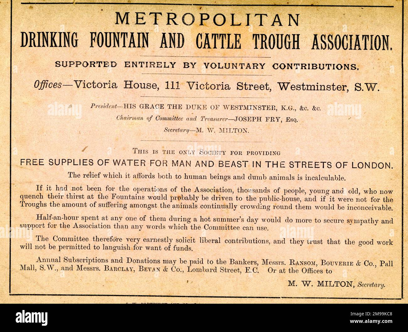Notice, Metropolitan Drinking Fountain and Cattle Trough Association, Victoria House, Victoria Street, Westminster, London SW. Free supplies of water for man and beast in the streets of London. Stock Photo