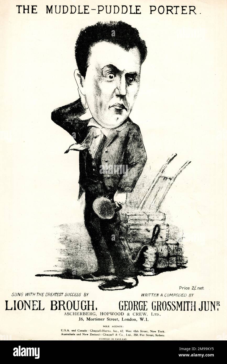 Music cover, The Muddle-Puddle Porter, written and composed by George Grossmith Junior, showing a caricature of the singer Lionel Brough. Stock Photo