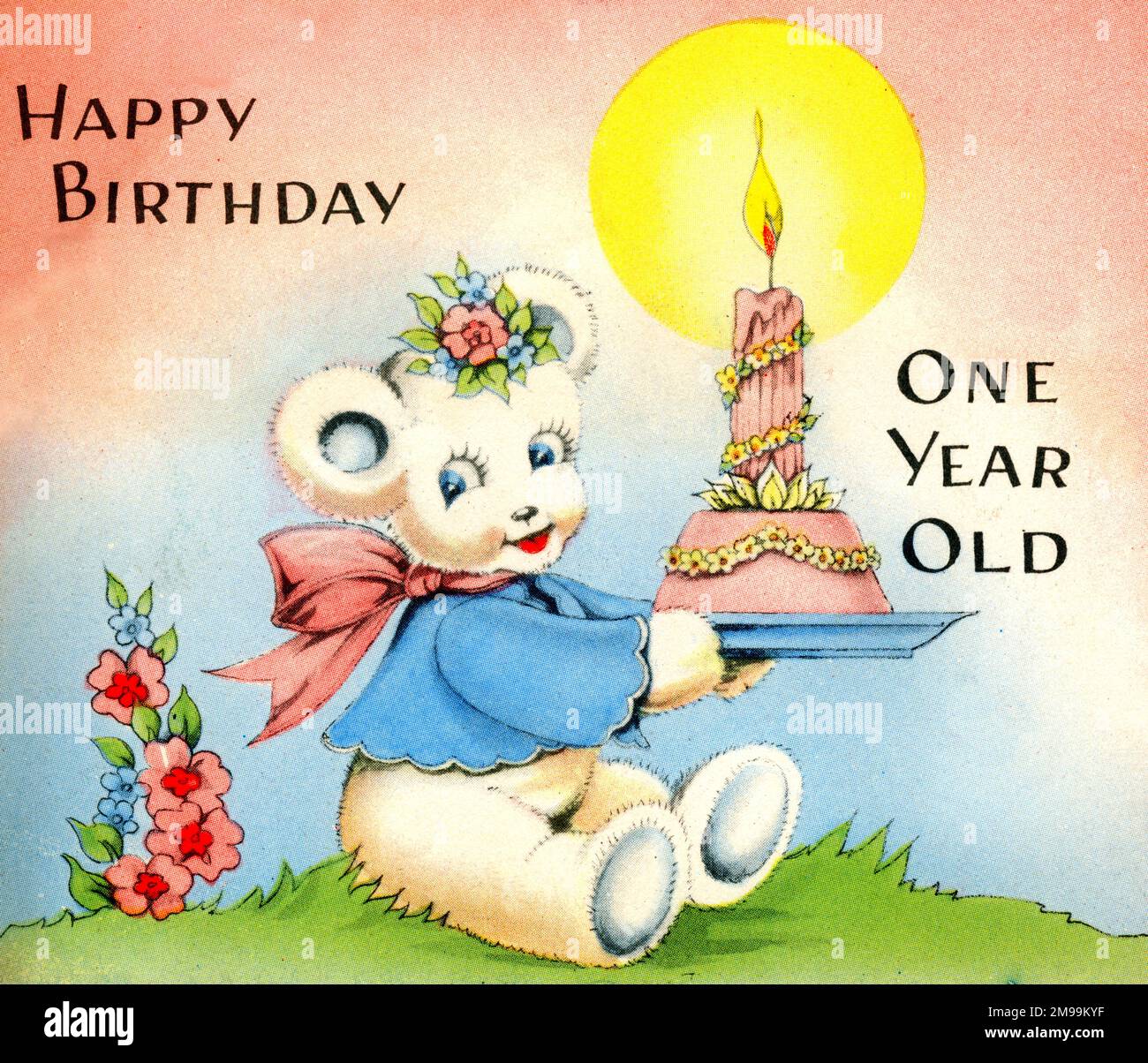 Birthday card, Teddy Bear holding a cake, One Year Old. Stock Photo