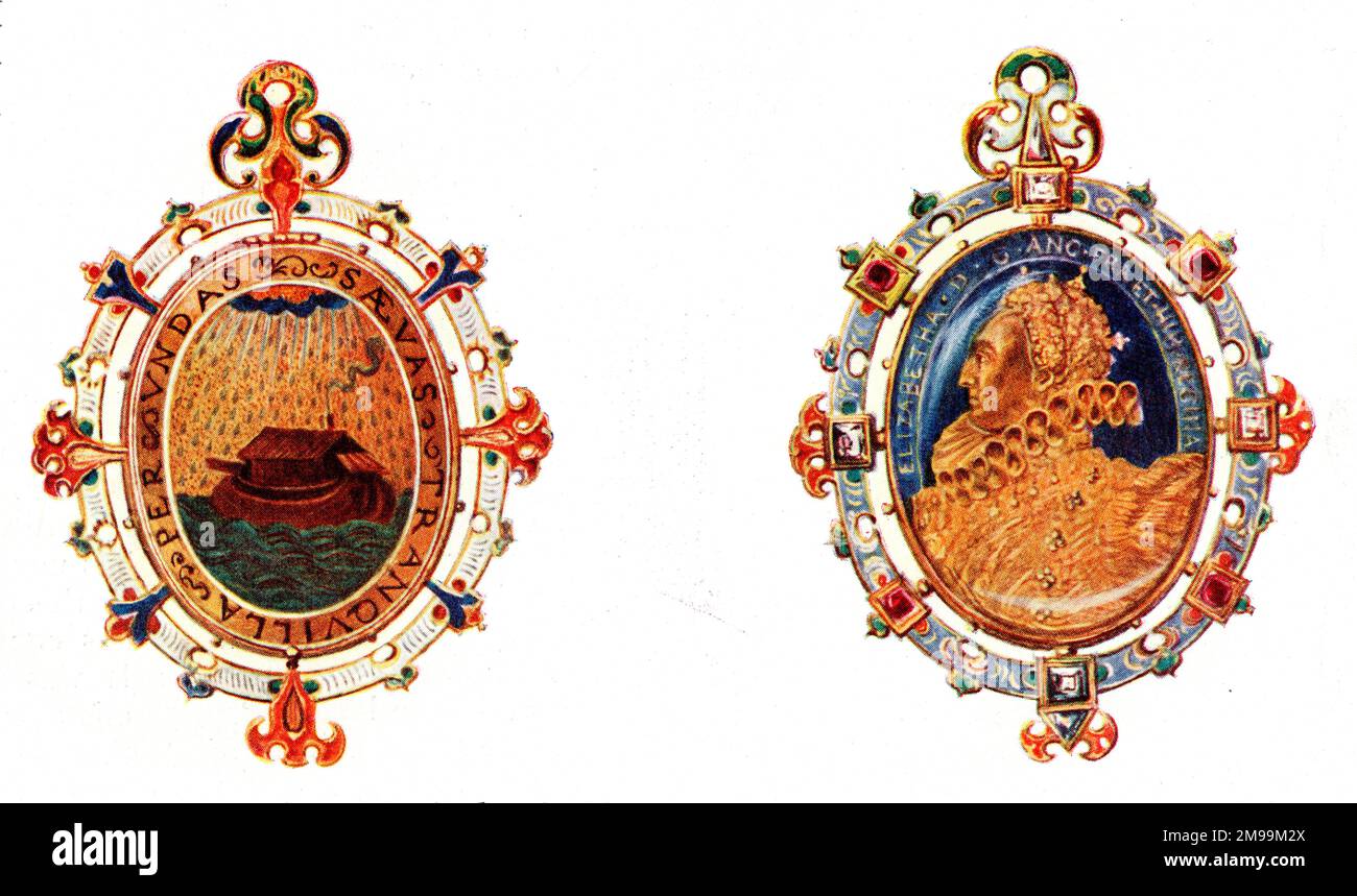 The Armada Jewel, also known as the Heneage Jewel, painted by Nicholas Hilliard, with a profile portrait of Queen Elizabeth I. Stock Photo