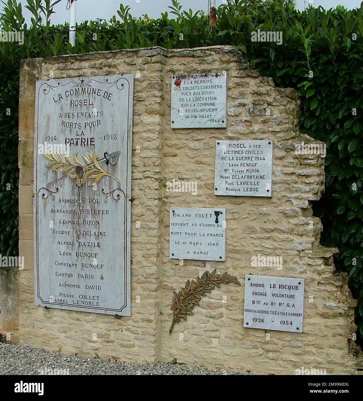 Rosel, one of the stops on the Canadian Souvenir Juno Route, has added to its local war memorial its thanks to those Canadians killed in the liberation of the village. Many of the 30 Communes in the 'Souvenir Juno' organisation have done the same. Stock Photo