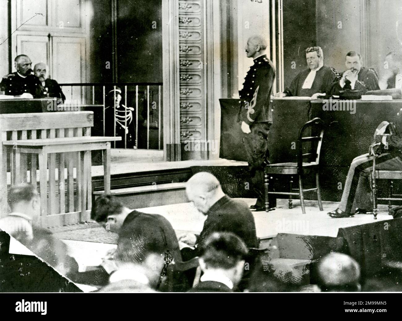 Captain Alfred Dreyfus at his second trial (court martial) at Rennes, France, 9 September 1899. His convictions were the result of a complex miscarriage of justice combined with antisemitism. He was first unjustly convicted of treason in 1894, convicted again in 1899, and it was only in 1906 that his innocence was officially established. Stock Photo